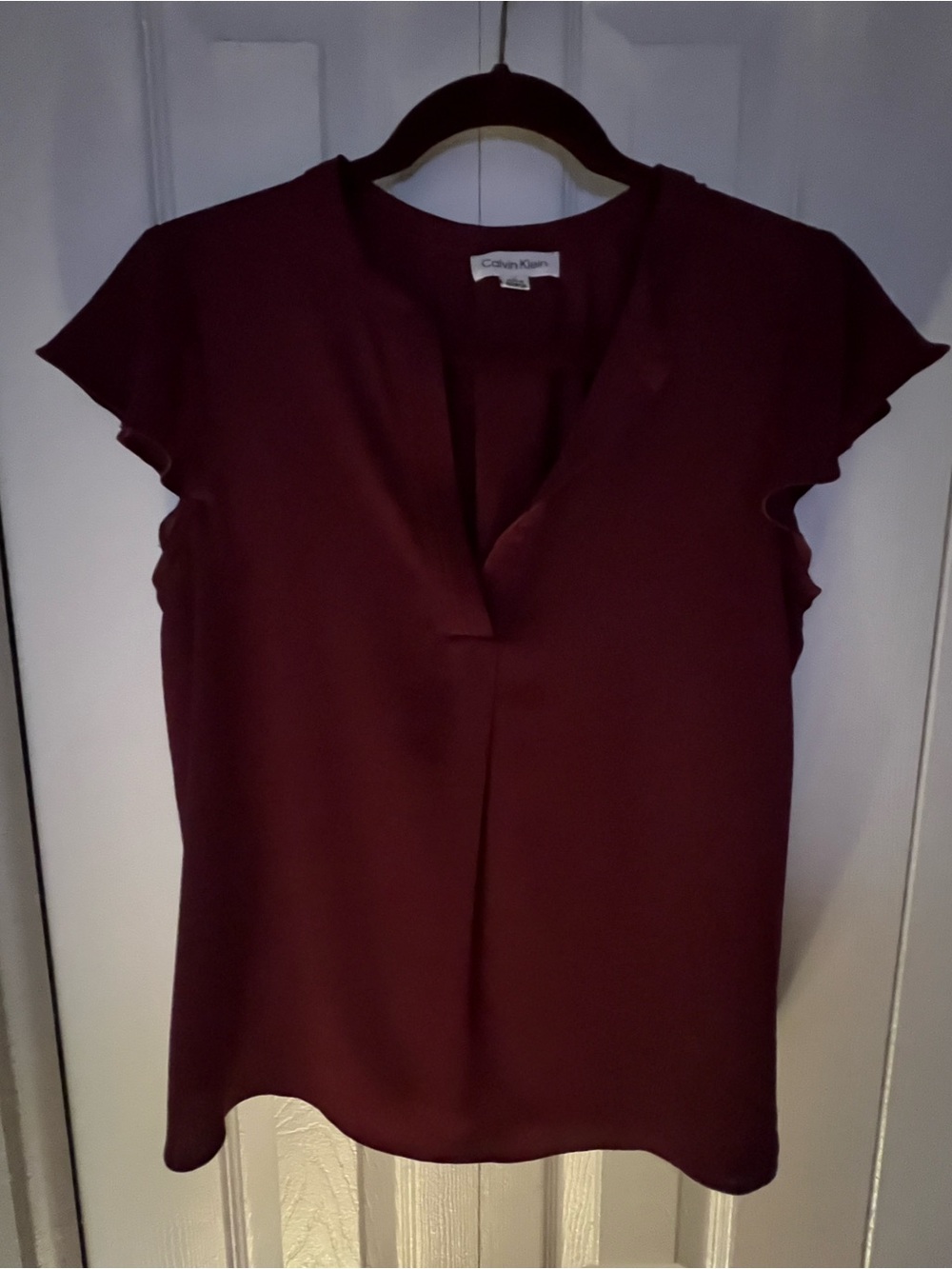 Calvin Klein Deep Wine V-Notch Flutter Sleeve Top